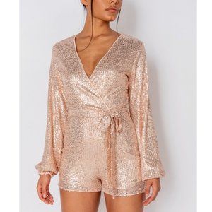 Sequin V-Neck Long Balloon Sleeve Romper Playsuit